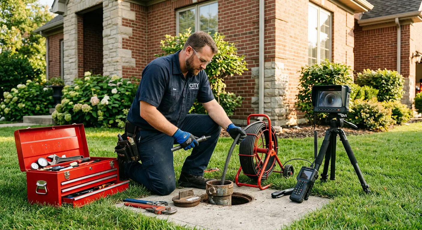 Sewer specialist with camera equipment servicing a cleanout in Everman