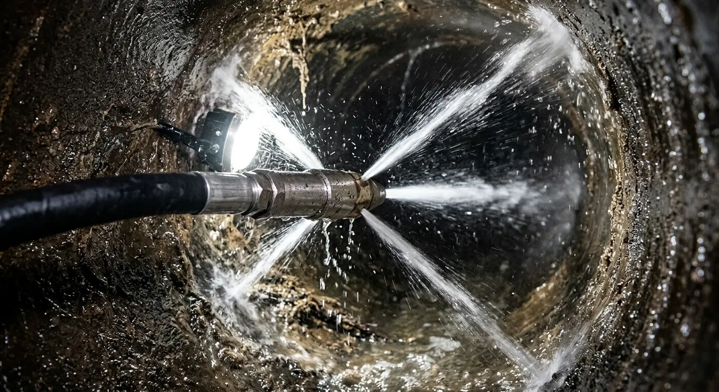 High-pressure hydro jetting nozzle cleaning sewer pipe for Emergency Drain Service in Everman