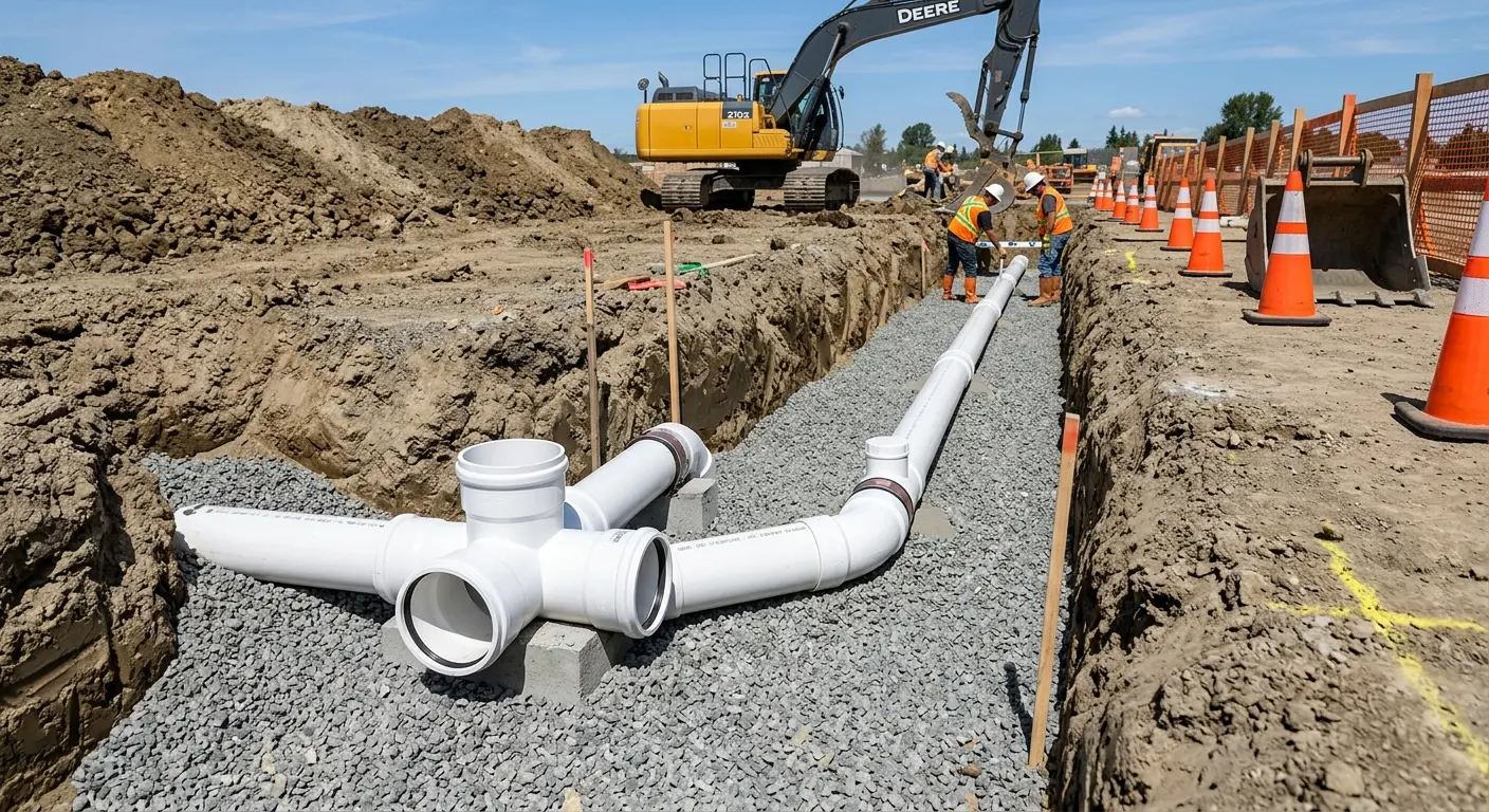 New PVC sewer pipe installation in open trench for Grease Trap Cleaning in Everman