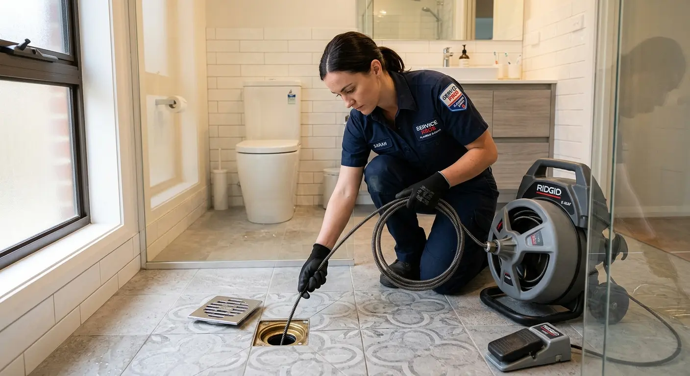 Technician clearing a bathroom floor drain for Hydro Jetting in Everman